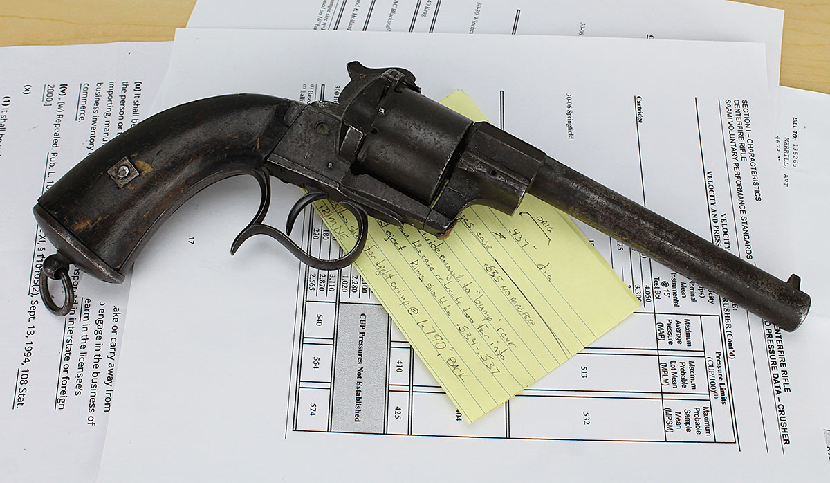 A free, but decrepit Lefaucheux pinfire revolver makes for an unusual paperweight. However, the price was right.